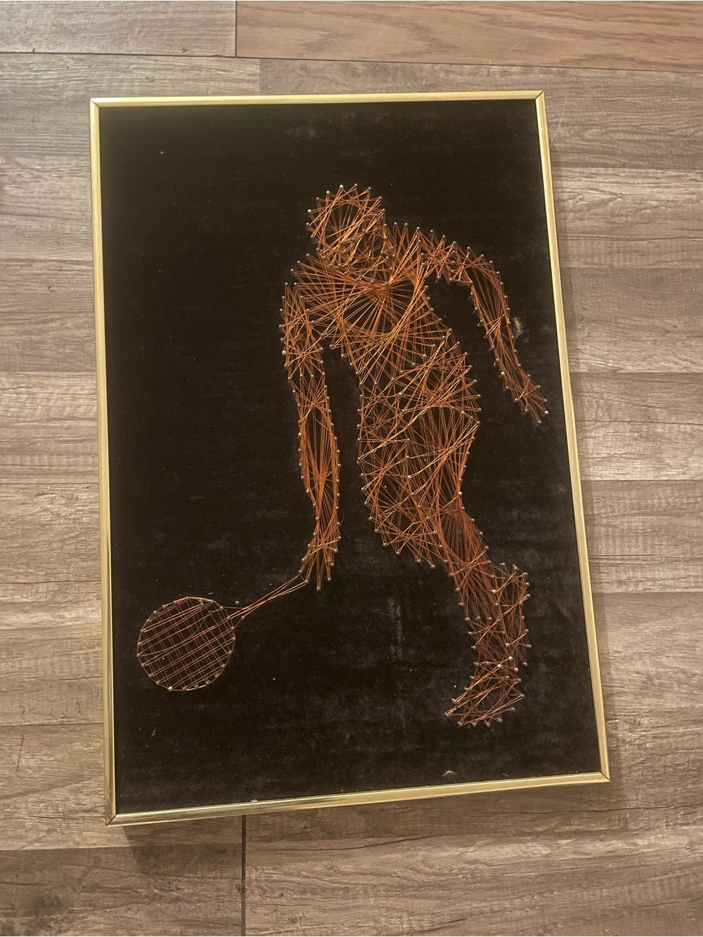 Handcrafted Tennis Player String Art Wall Art - Copper on Black mid century 70s